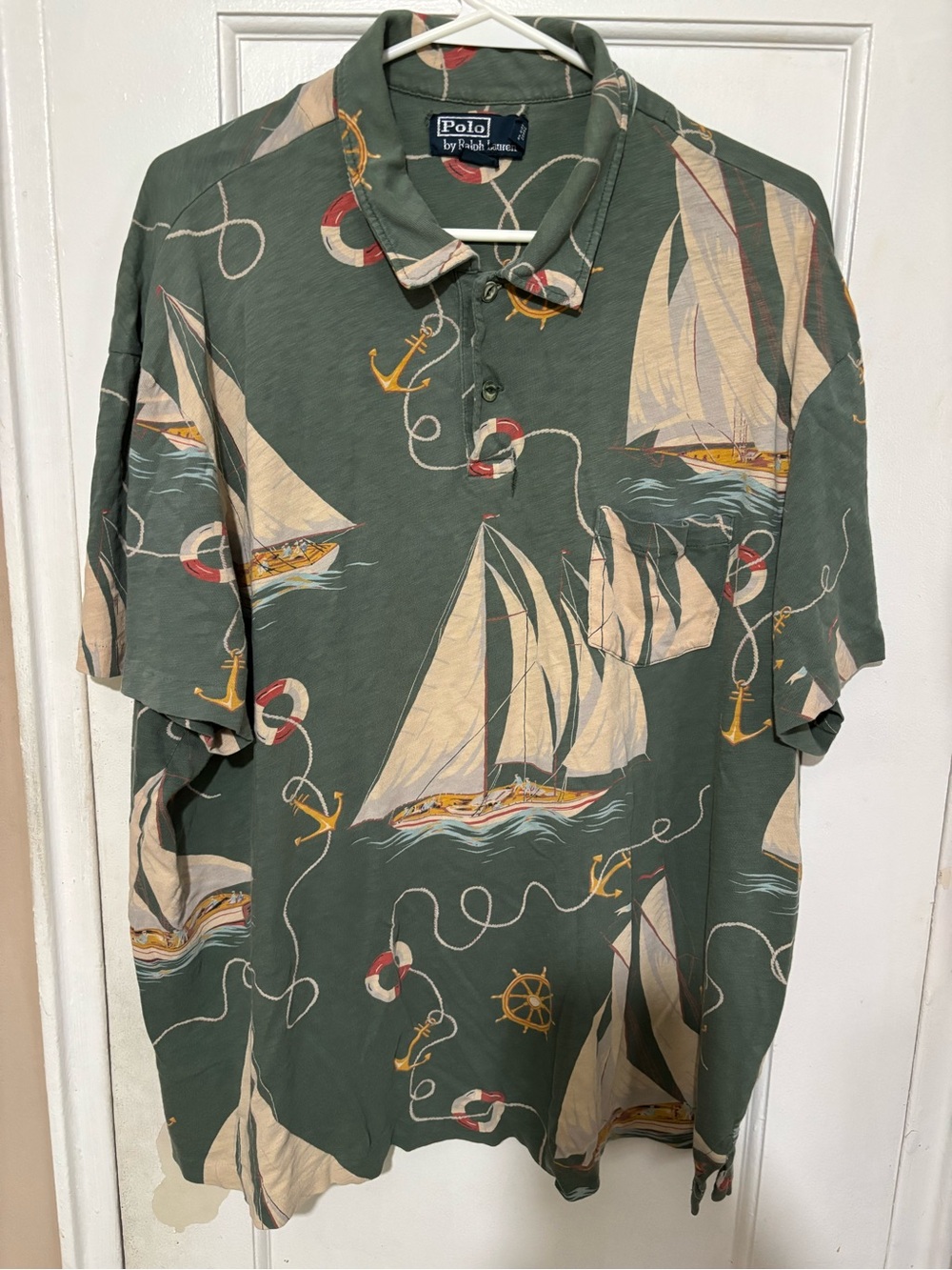 90s Polo Ralph Lauren Green Sailboat Print Polo Shirt MENS.